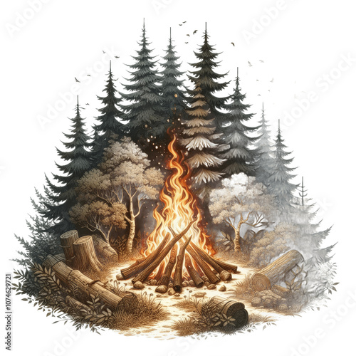 Forest bonfire isolated on transparent background