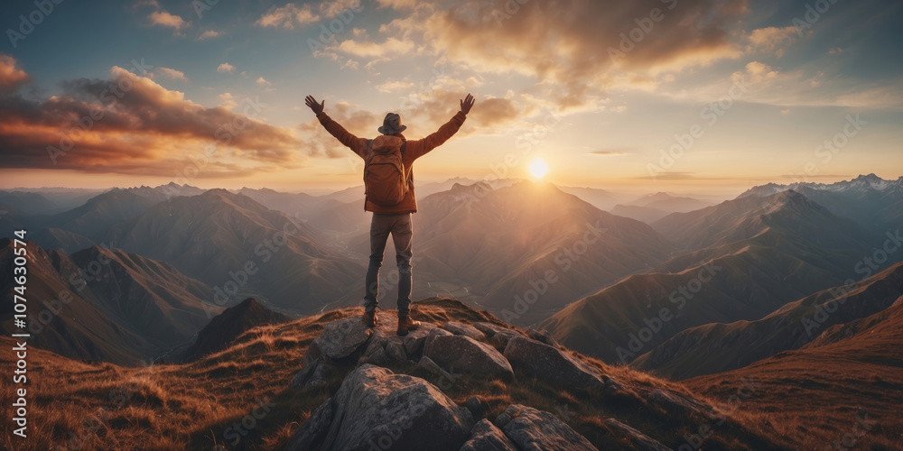 A hiker stands on a rocky peak, celebrating the sunset over mountain ranges in the evening sky A hiker stands on a rocky peak, celebrating the sunset over mountain ranges in the evening sky