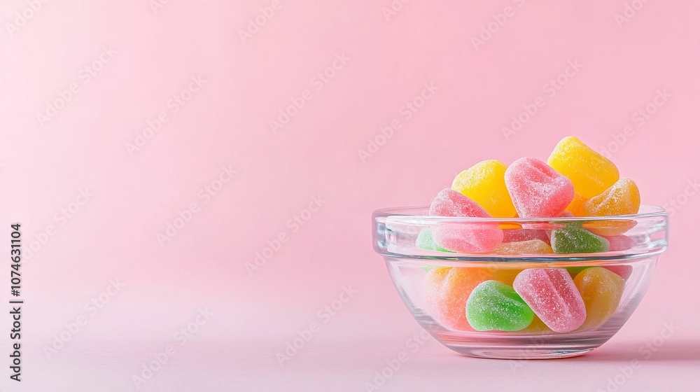 A clear glass bowl filled with colorful gummy candies sits on a soft pink background, creating a vibrant and inviting display of sweetness. A clear glass bowl filled with colorful gummy candies sits on a soft pink background, creating a vibrant and inviting display of sweetness.