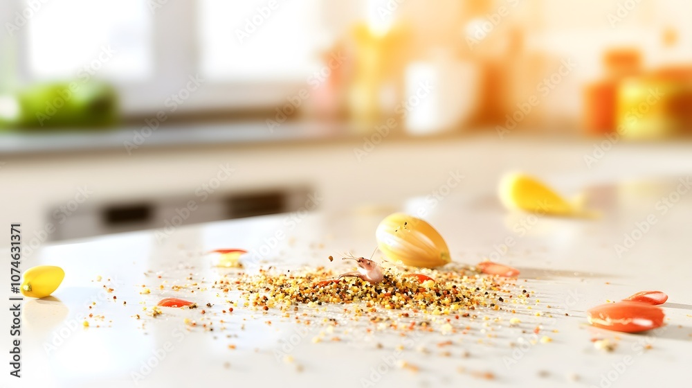 Rat droppings on kitchen counter, a reminder of the importance of cleanliness and pest control in maintaining a healthy home environment. Rat droppings on kitchen counter, a reminder of the importance of cleanliness and pest control in maintaining a healthy home environment.