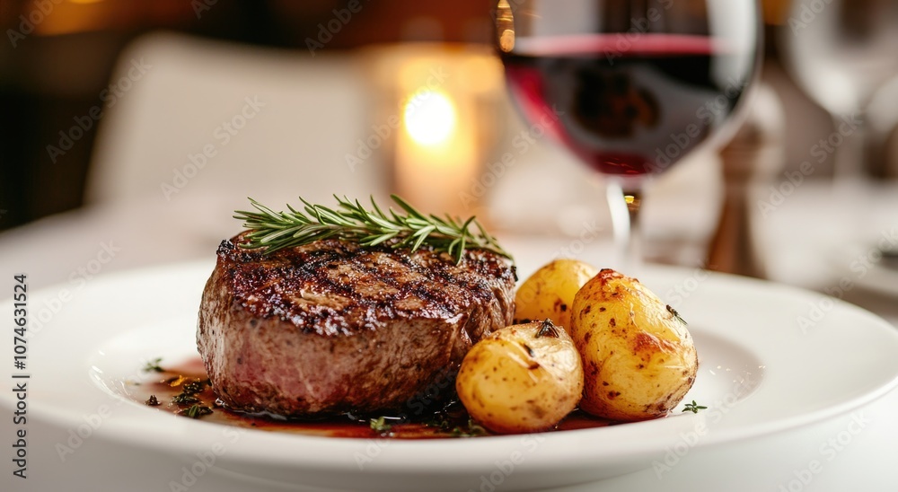 Steak with potato and rosemary, dinner in a restaurant with a luxurious background. Steak with potato and rosemary, dinner in a restaurant with a luxurious background.