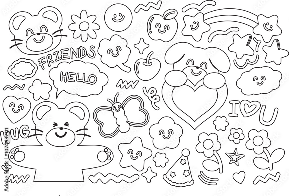 Outline of teddy bear and friends including butterfly, puppy, apple, cherry, clover leaf, heart, flowers, star, rainbow for cartoon character, comic, mascot, animals, zoo, souvenir, kid colouring book Outline of teddy bear and friends including butterfly, puppy, apple, cherry, clover leaf, heart, flowers, star, rainbow for cartoon character, comic, mascot, animals, zoo, souvenir, kid colouring book