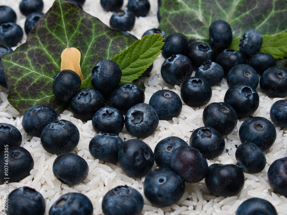 Blueberries Lying on Rice Grains with Green Leaves in the Background Blueberries Lying on Rice Grains with Green Leaves in the Background