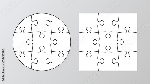 Puzzle 9 pieces. Simple background with separate details. Cutting template mosaic. Jigsaw grids set. Scheme for thinking game. Frame tiles. Vector illustration.