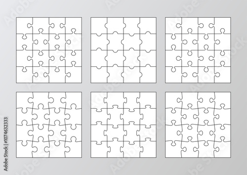 6 puzzles infographics with 16 pieces. Jigsaw business chain infographic set. Puzzle grid. Process diagram presentation. Business info graphic with steps, parts. Vector illustration