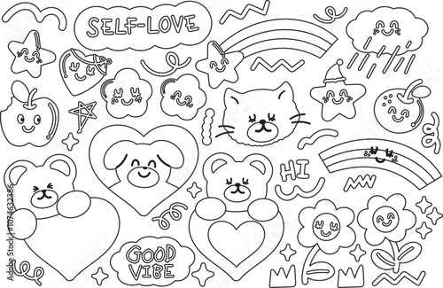 Outline of teddy bear, cat, puppy, flower, star, heart, apple, orange, rainbow for kid colouring book, art, painting, cartoon character, animals, zoo, souvenir, cute patch, print, standee, stickers