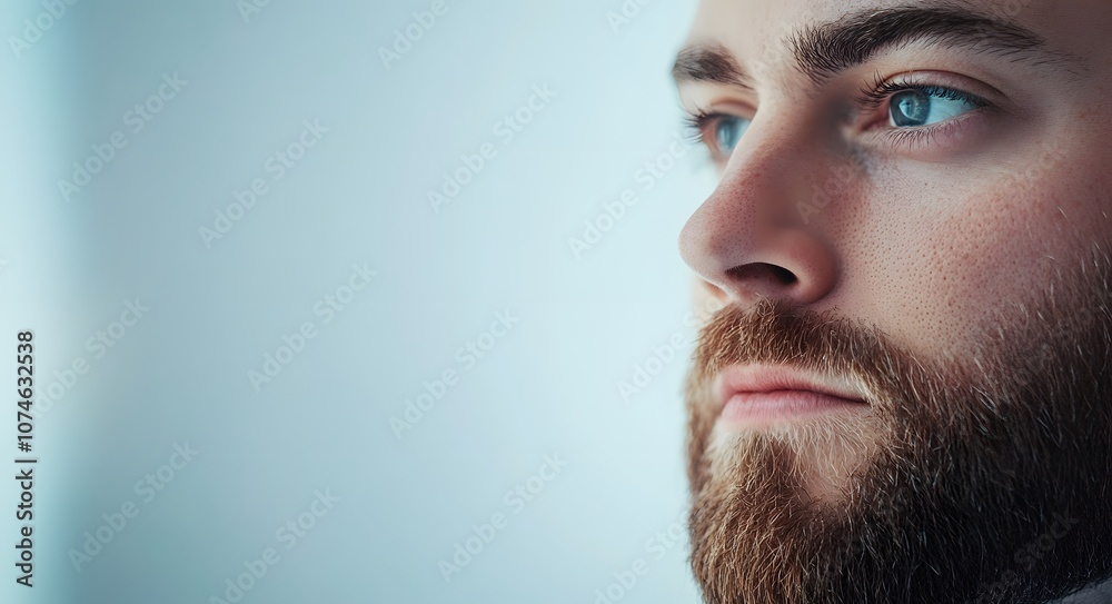 Obraz premium A close-up portrait of a young man with blue eyes and a neatly groomed beard. His expression is calm and reflective, with a gentle focus in his eyes that conveys thoughtfulness.