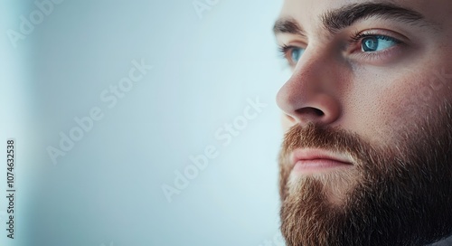 A close-up portrait of a young man with blue eyes and a neatly groomed beard. His expression is calm and reflective, with a gentle focus in his eyes that conveys thoughtfulness.