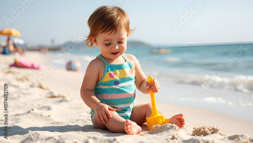 Adorable toddler dressed in swimsuit playing alone with shoves on the sandy beach enjoying sunny summer day having fun with toys on the coast experiencing the fun of beach holiday photo