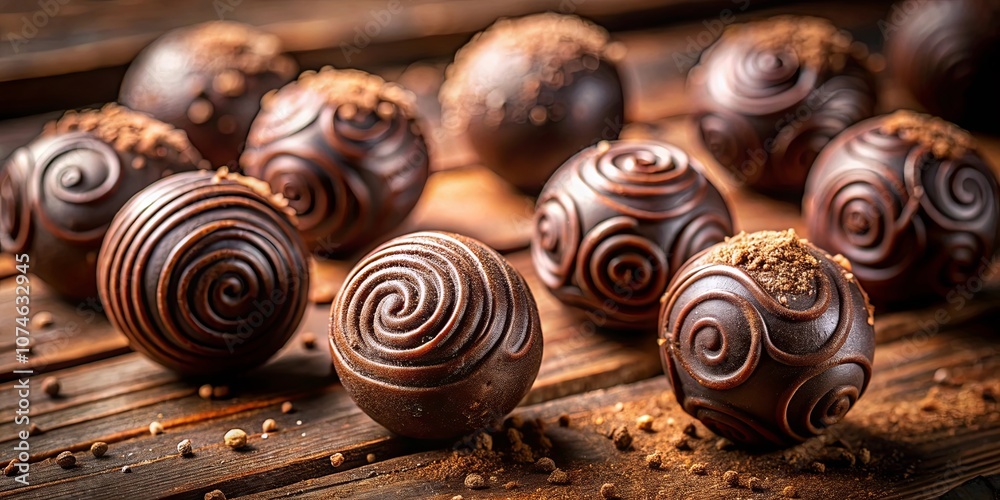A Close-Up of Exquisite Chocolate Truffles with Intricate Swirl Designs, Scattered on a Rustic Wooden Surface A Close-Up of Exquisite Chocolate Truffles with Intricate Swirl Designs, Scattered on a Rustic Wooden Surface