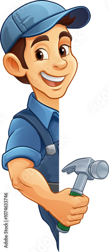 A handyman or carpenter cartoon construction man mascot character holding a hammer tool