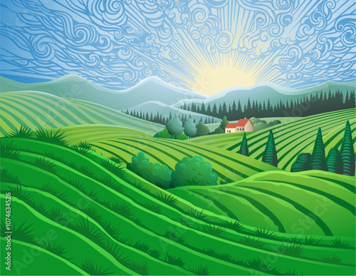 Rolling hills, fields and farm or vineyards background illustration. Forests and mountains in the background.