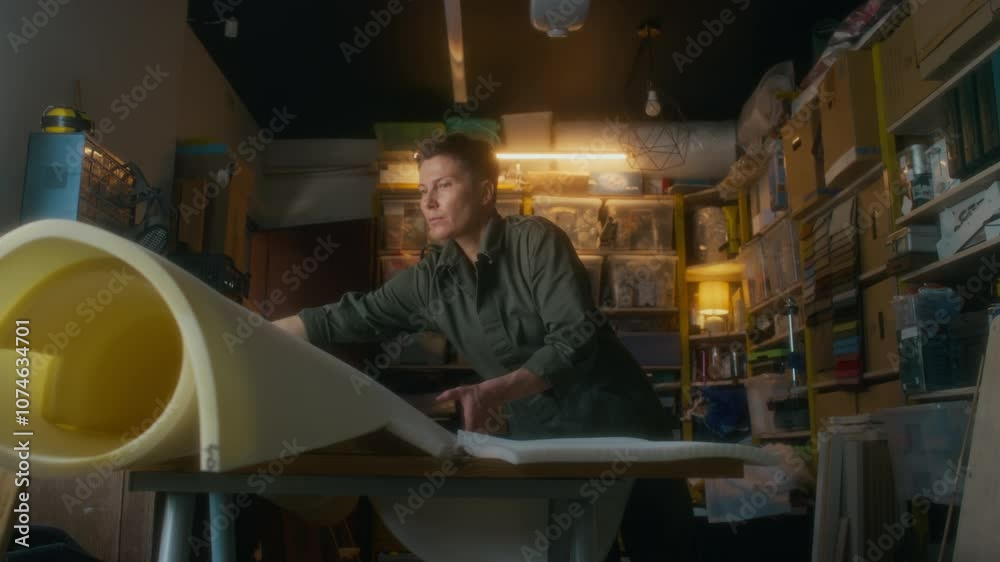 Full shot of middle-aged craftswoman in overall cutting new padding from foam sheet for reupholstering furniture in workshop, then taking polyurethane roll out of garage, having small business