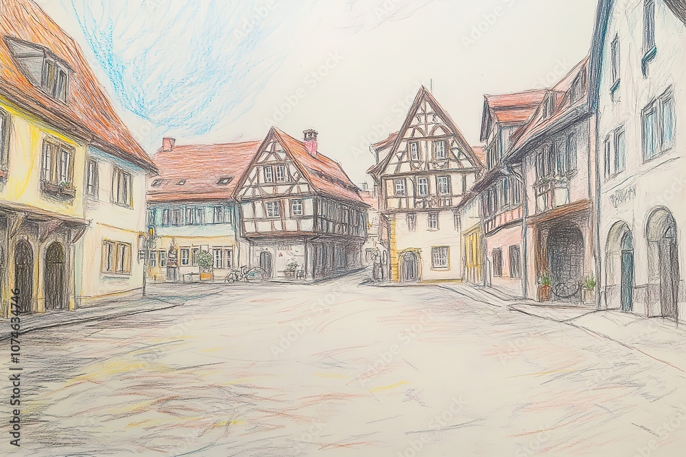 Fototapeta premium Travel sketch of Rothenburg ob der Tauber, Germany. Urban sketch in black color isolated on white background.