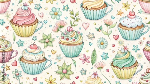 Wallpaper Mural Delicate Watercolor Pattern of Colorful Cupcakes Adorned with Flowers and Hearts, Perfect for Sweet and Feminine Designs Torontodigital.ca