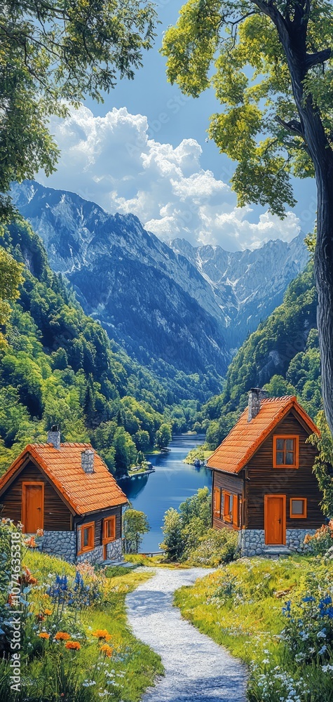 Obraz premium Two small houses next to each other on a mountain, with a river and trees on either side.