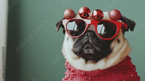 Pug with red sunglasses and glitzy ornament headgear photo