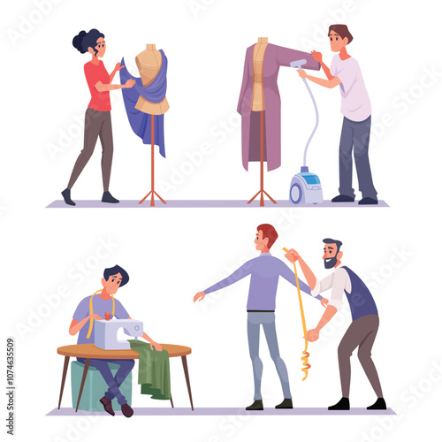 Seamstress. Male and female tailor workers designers and dressmakers fashion seamstress exact vector hobbies concept illustrations