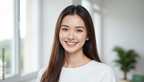 Free Download Cheerful young woman smiling in a bright, modern indoor setting. - GFXLoad
