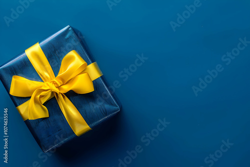 top view of festive gift box with yellow ribbon on blue background