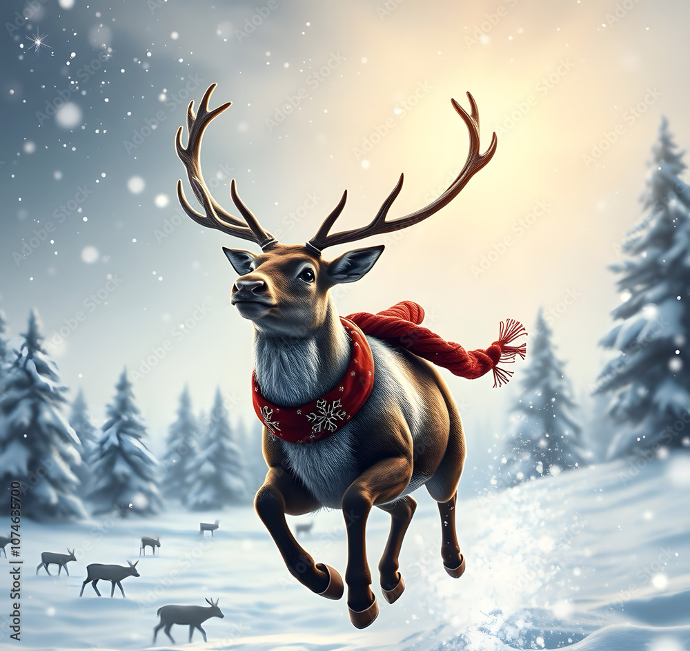 Christmas scene, flying reindeer, snow landscape Christmas scene, flying reindeer, snow landscape