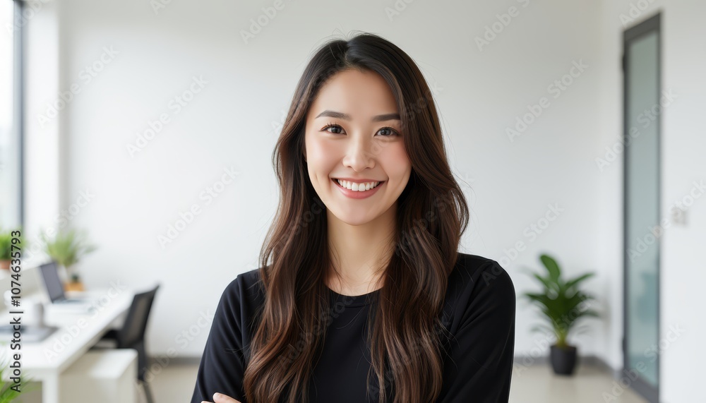 Smiling woman in a modern office setting, showcasing confidence and professionalism. Smiling woman in a modern office setting, showcasing confidence and professionalism.