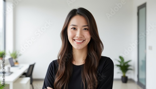 Smiling woman in a modern office setting, showcasing confidence and professionalism. Free Download Smiling woman in a modern office setting, showcasing confidence and professionalism. - GFXLoad