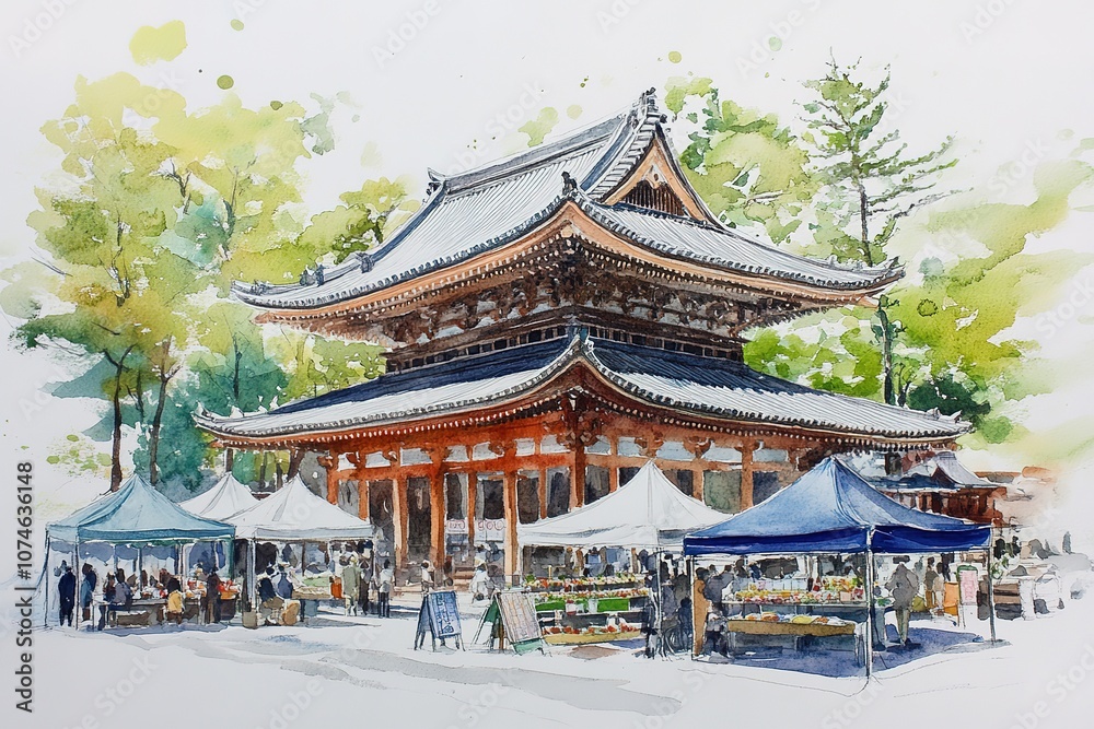 Fototapeta premium Gateway to enter the Kamakura Daibutsu, Kotokuin Temple. Japan Digital watercolor painting.