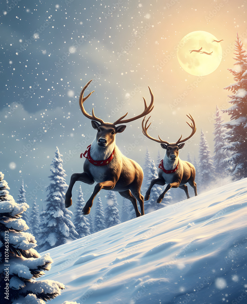 Christmas scene, flying reindeer, snow landscape Christmas scene, flying reindeer, snow landscape