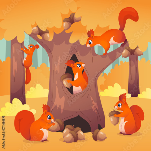 Cute squirrels on forest edge. Funny animals playing and laughing, climb trees, collect acorns, food supplies for winter, kids card, poster or cover cartoon flat style isolated vector concept