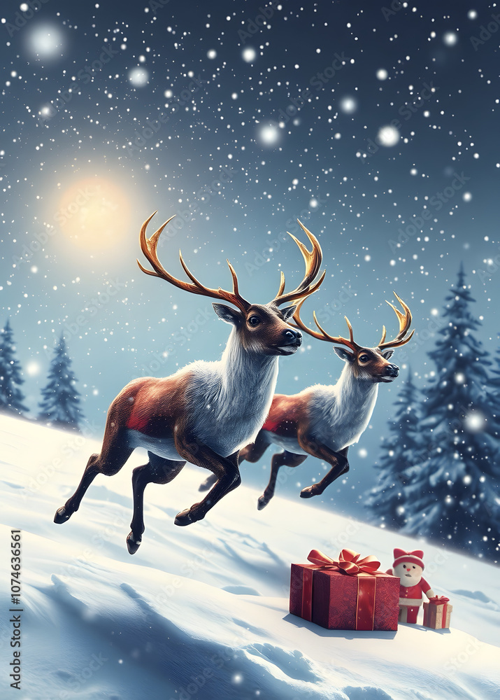 Christmas scene, flying reindeer, snow landscape Christmas scene, flying reindeer, snow landscape