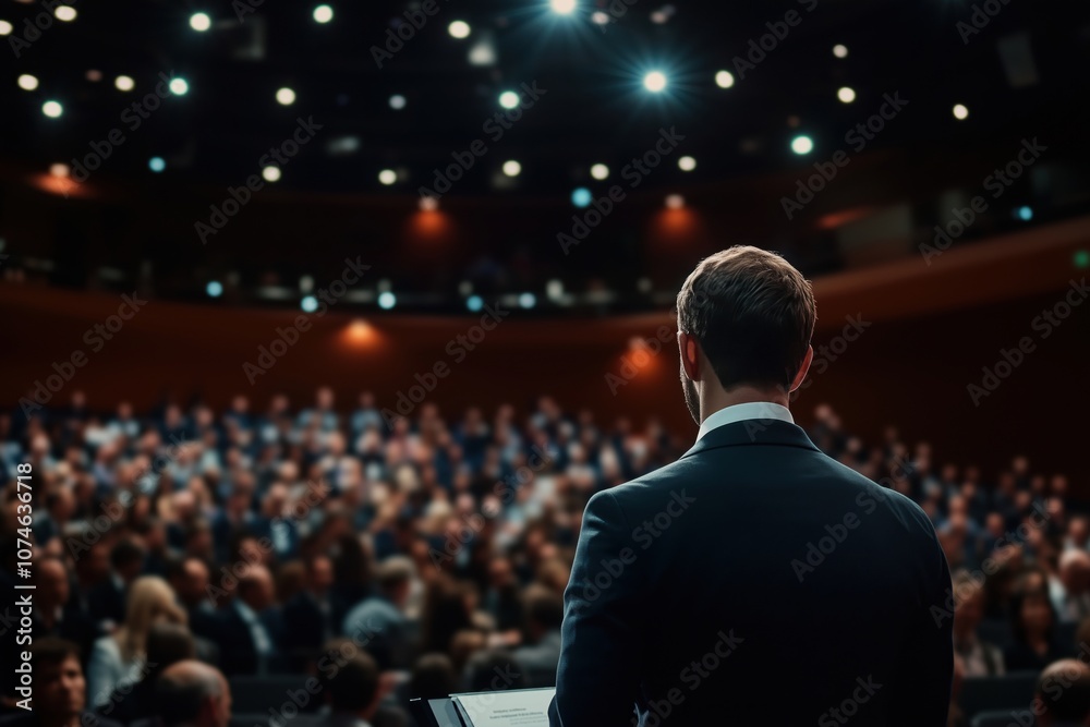 Public speaking event, speaker addressing large audience in auditorium Public speaking event, speaker addressing large audience in auditorium