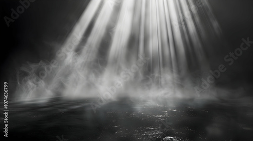 Stage spotlight with rays cutting through mist against a black background 