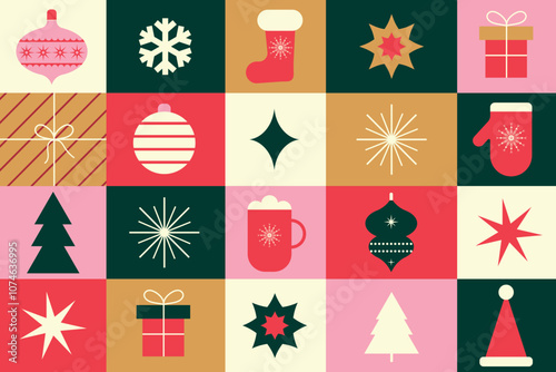 Christmas geometric seamless pattern. Vector minimalistic design for background, card, cover, banner, packaging, poster, advertising, wallpaper.