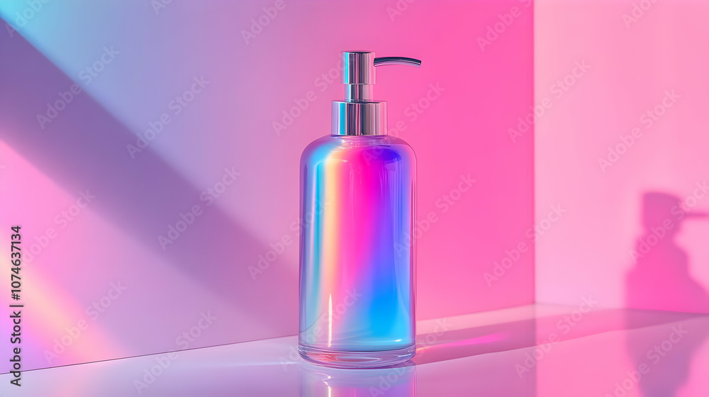 Holographic Bottle Product Mockup with Pink and Purple Gradient Background - 3D Illustration Holographic Bottle Product Mockup with Pink and Purple Gradient Background - 3D Illustration