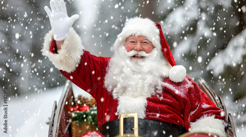 A Santa Claus waving goodbye with a sleigh packed for travel, set against a snowy background A Santa Claus waving goodbye with a sleigh packed for travel, set against a snowy background