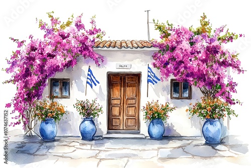 Greece illustration. landscape with a rose tree. background greece.
