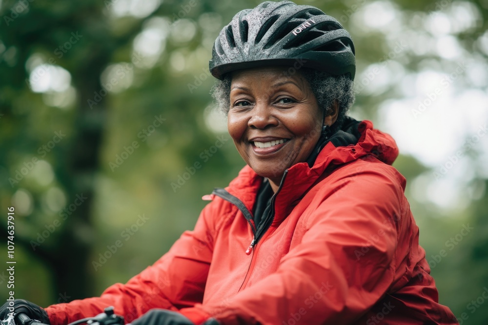 Black woman on a mountain bike, smiling at the camera in a park. Black woman on a mountain bike, smiling at the camera in a park.
