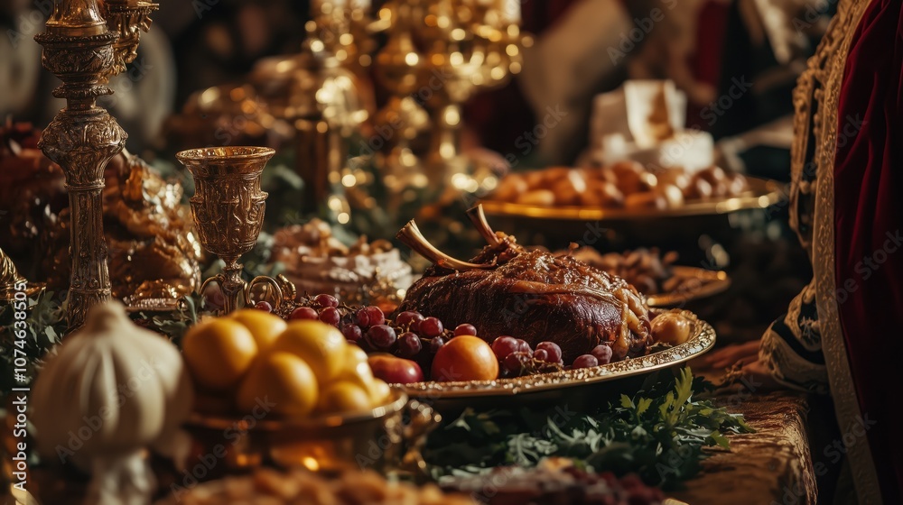 Lavish medieval feast with exotic fruits and roasted meats Lavish medieval feast with exotic fruits and roasted meats
