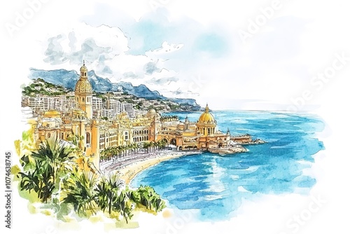 hand drawn pencil and watercolor painting of beautiful Cote d'Azur. Seascape painting with blue sea, beach, buildings, island, plants, resort, beautiful coastal view and bright blue sky
