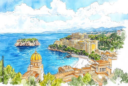 hand drawn pencil and watercolor painting of beautiful Cote d'Azur. Seascape painting with blue sea, beach, buildings, island, plants, resort, beautiful coastal view and bright blue sky