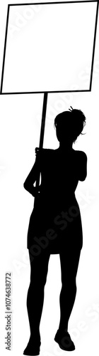 Protestor or demonstrator at a demonstration march, picket line or strike protest rally in silhouette. Holding up a banner or picket sign board placard.