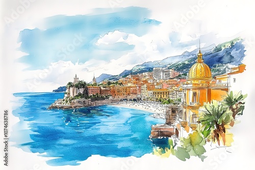 hand drawn pencil and watercolor painting of beautiful Cote d'Azur. Seascape painting with blue sea, beach, buildings, island, plants, resort, beautiful coastal view and bright blue sky