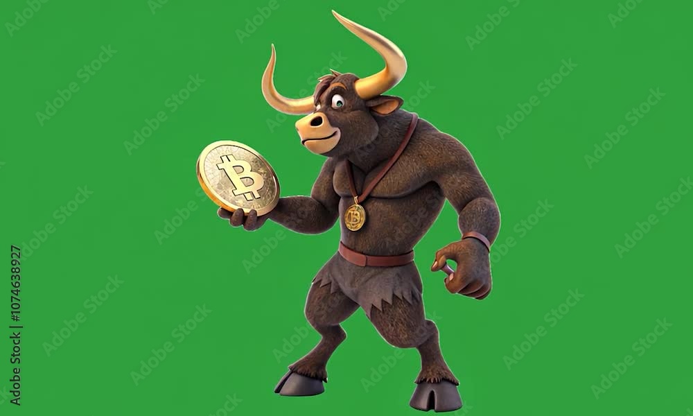 minotaur bull dancing with gold bitcoin coin on green background