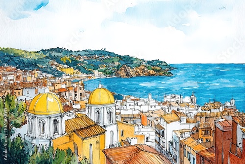 hand drawn pencil and watercolor painting of beautiful Cote d'Azur. Seascape painting with blue sea, beach, buildings, island, plants, resort, beautiful coastal view and bright blue sky