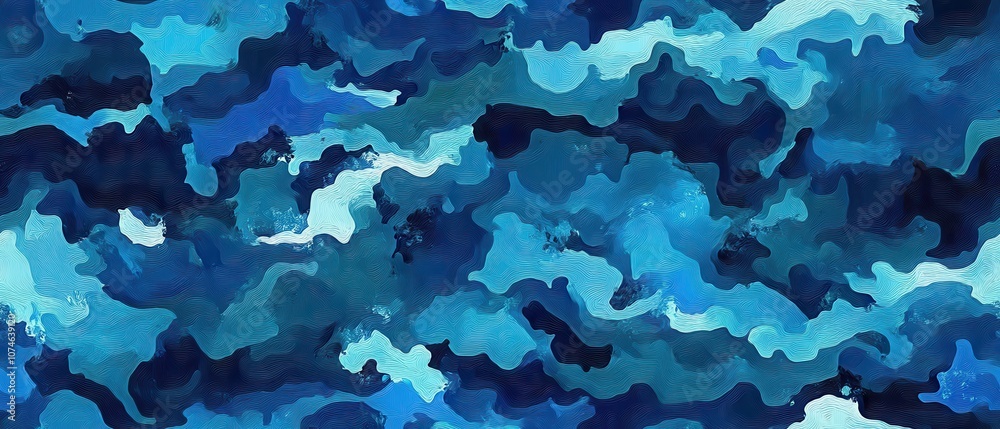 Fototapeta premium Oceanic Camo Design, deep blues and greens, abstract shapes create a flat marine-inspired pattern, perfect for textiles or apparel.