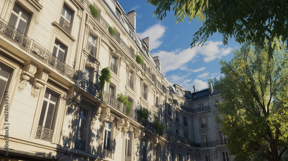 Fototapeta premium Photo de Bâtiments Haussmanniens à Paris par Journée Ensoleillée