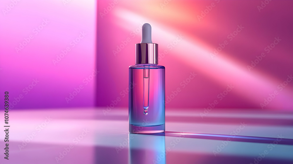 Glass Dropper Bottle with Pink and Blue Gradient Background - Product Photography Glass Dropper Bottle with Pink and Blue Gradient Background - Product Photography