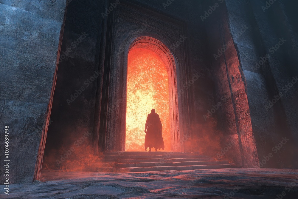 Mysterious doorway glowing with fiery light, silhouette of figure in cloak Mysterious doorway glowing with fiery light, silhouette of figure in cloak