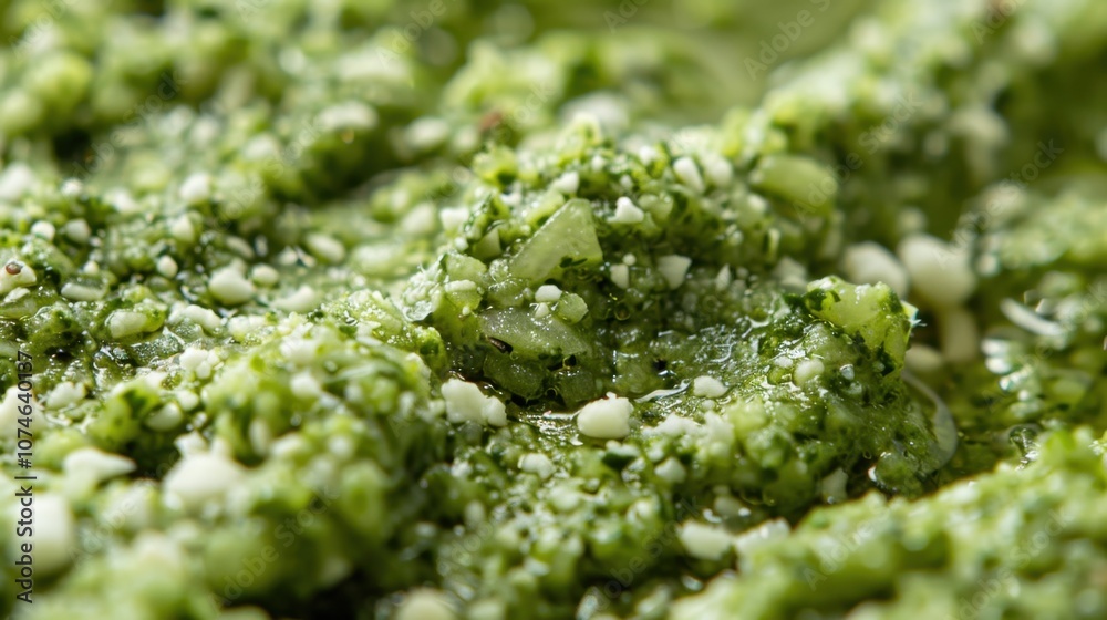 Obraz premium Pesto Sauce: A fresh, green sauce with basil, garlic, pine nuts, Parmesan, and olive oil, great for pasta, sandwiches, or drizzled on roasted vegetables. 